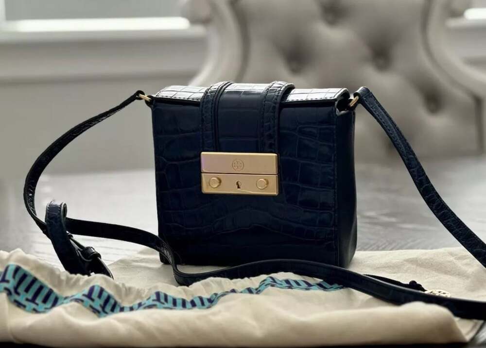 Tory Burch Emerson Croc Embossed Leather Crossbody Bag Blue